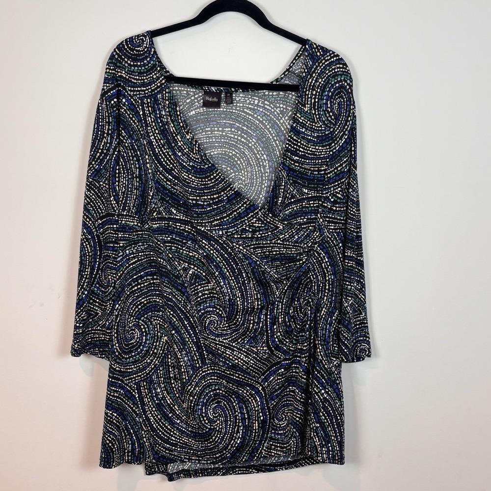 Rafaella Women's Faux Wrap Stretch Blue Abstract Textured‎ Top Size 3X Workwear